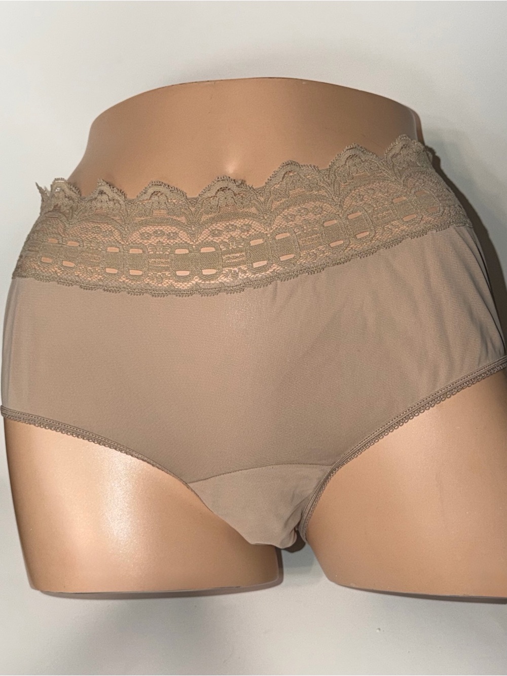 Vintage Olga Secret Hug Scoops‎ Panties Wide Lace Nylon Sheer Nude 63913 Sz 7/L